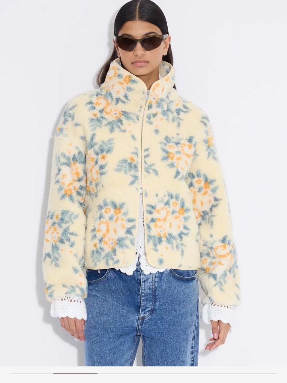 Holzweiler Floral Sherpa Zip-Up Jacket in Cream
